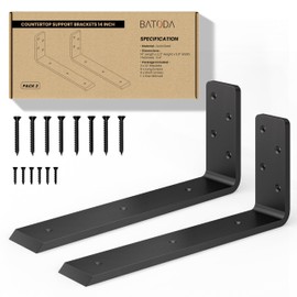 BATODA 14” Countertop Support Steel Brackets (2 pcs) for Large Granite - Heavy Duty L Floating Shelf Bracket - Black Metal Wall Mounted Support for Wood Shelving – Mounting Hardware Included