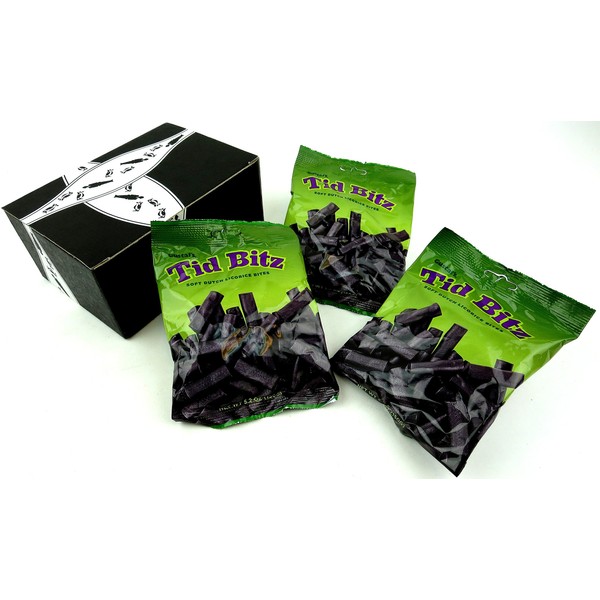 Gustaf's Tid Bitz Soft Dutch Licorice Bites, 5.2 oz Bags in a BlackTie Box (Pack of 3)