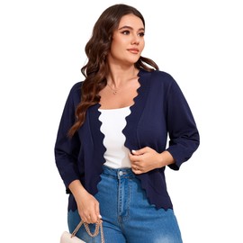 Womens 3/4 Sleeve Knit Cardigan Casual Scallop Hemline Open-Front Shrug Sweaters Navy Blue 3XL