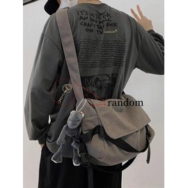 Men's Plain Canvas Crossbody Bag, Solid Color Trendy Versatile Crossbody Bag with Cartoon Charm, Large Capacity Daily Commuting Shoulder Bag for Work & School - Color: Grey, Size: one-size