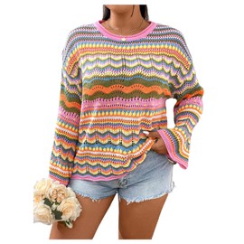 BEAUDRM Women's Plus Size Striped Crochet Sweater Long Bell Sleeve Hollow Out Lightweight Sweater Loose Pullover Knit Top Multi Pink 3X-Large Plus