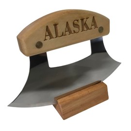 The Ulu Factory Alaska Birch Ulu Knife 6" Stainless Steel Blade with Block Wood Stand Alaska
