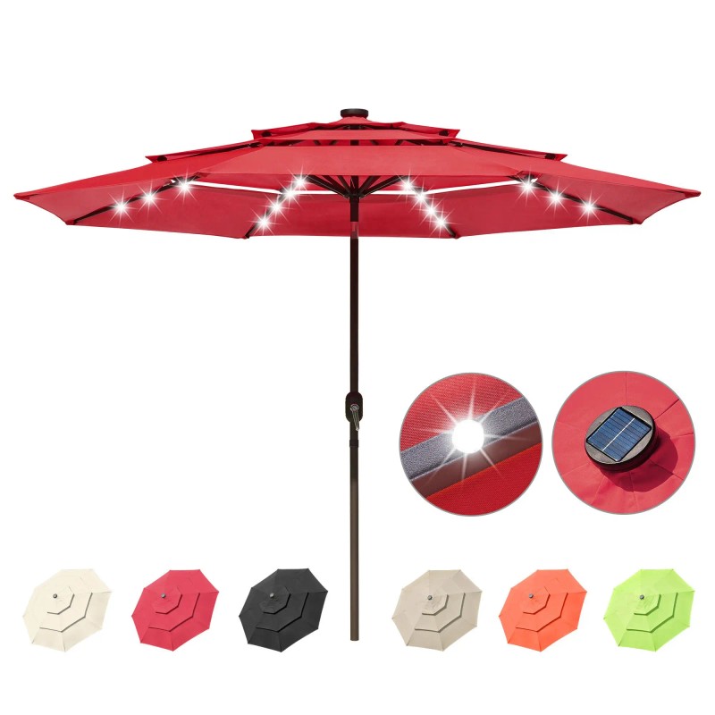 11ft 3-Tier Red Iron Patio Umbrella with 40LEDs Solar Powered