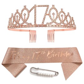 17th Birthday Sash Birthday Girl Birthday Crown Ladies Hairpin Princess Hair Accessories Rose Gold Birthday Sash Tiara Crown for Happy Birthday Party Supplies Decorations