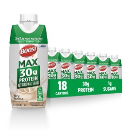 BOOST Max Protein Shakes Ready to Drink, 30g Protein, 1g Sugar, Very Vanilla, 11 fl oz, 325 mL, 18 Carton Pack