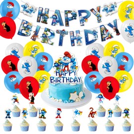 Set di decorazioni per compleanno con puffi, bandierine blu, decorazione di compleanno per bambini, palloncini in stile cartone animato, set di decorazioni di compleanno per bambini, ragazzi, ragazze