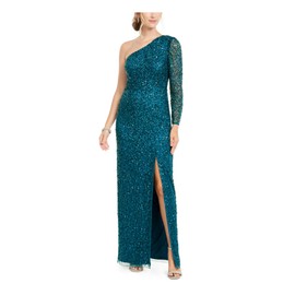 Adrianna Papell Womens Teal Beaded Long Sleeve Asymmetrical Neckline Maxi Sheath Evening Dress Size 4