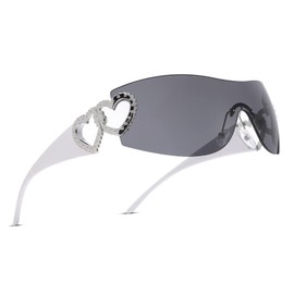 genkigold Y2K Sunglasses for Women and Men: Trendy Oversized Frameless Sunglasses with Heart, Protective Shield Wrap Around, Fashion Futuristic Gift, Punk Black/Steam Grey/Y2K Pink, Steam Grey