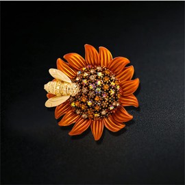 Rhinestone Sunflower Bee Brooch Pin Charm Daisy Flower Enamel Brooch Vintage Yellow Sunflower Multipurpose Brooch Necklace Coat Collar Brooch for Women Girls(Orange)