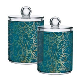 ALAZA 2 Pack Qtip Holder Dispenser Seamless Doodle Peacock Feathers Pattern Gradient Blue Bathroom Organizer Canisters for Cotton Balls/Swabs/Pads/Floss,Plastic Apothecary Jars for Vanity