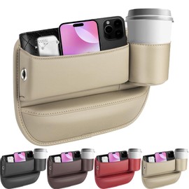 2024 Car Leather Cup Holder Gap Bag, Seat Gap Storage Box, Adjustable Car Seat Storage Box, Car Seat Gap Organizerwith Cup Holder, for Glasses Phones Keys and Cards (Passenger Side Beige)