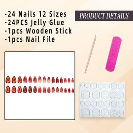 Jremg Red Press on Nails Short Almond Fake Nails with 3D Texture Gold Design Glossy Full Cover False Nails Y2K Golden Line Ombre Acrylic Nails Gold Pearl Star Stick on Nails for Women Manicure 30Pcs