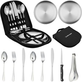 PURPLEBIRD Camping Cutlery Set Silver - 10-Piece Crockery Set for 2 People for Picnic & Travel Portable Stainless Steel Crockery Set with Case Ideal for Outdoor Camping