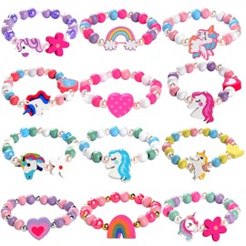JOTIKO 12 Pcs Kids Bracelets for Toddlers Girls - Unicorn Party Favors Goodies Bag Stuffers Pinata Fillers, Cute Wooden Beaded Bracelets Princess Play Jewelry Birthday Party Return Exchage Gifts