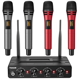 TONOR Wireless Microphones System with 4x10 Channels Cordless Handheld Microfono Inalambrico, UHF Mics with Stable Signal Transmission for Karaoke Singing Party Church Wedding PA Speaker 200ft Red