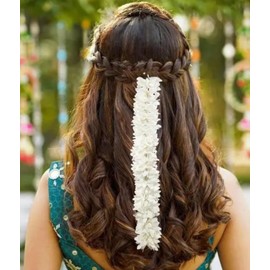Indian Hair Accessories Long Artificial Mogra Gajra for Bride Scented Jasmine Flowers Bracelet Garland Hair Accessory for Wedding Party (White)
