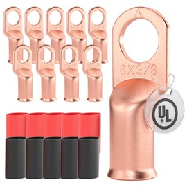 AIRIC AIRIC 10 PCS UL Listed 6 AWG - 3/8" Battery Cable Lugs, Heat Shrink Ring Terminals End, Copper Cable Ends, Wiring Connector Terminal, Electrical Crimp Connectors, Wire Lug for 6 Gauge Wires