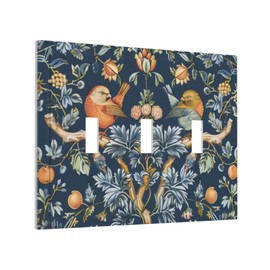 Yamxbfa William Morris Dark Blue Flowers Plant Bird 3 Gang Light Switch Covers Decorative Triple Toggle Wall Plate Cover 3 Hole Electrical Device Switchplate for Bathroom Decor