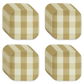Havercamp Khaki & White Plaid Large Paper Plates (24 pcs.) 9 inch Square, Heavy Duty, Paper Plates with Beautifully Printed, Plaid Details