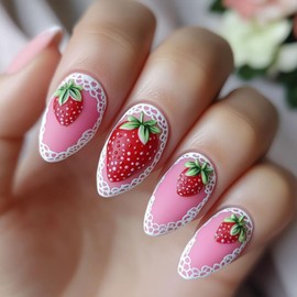 Cute 3D Strawberry Press on Nails Medium Glossy French Acrylic Press On Nails Summer Full Cover Stick On Nails Almond Reusable False Nails For Women Girls 24pcs