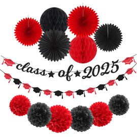 Red Black Party-Decoration Graduation Banner - 14pcs Kits Cap Garland Streamers, Paper Tissue Pom Poms Flowers Fans Honeycomb,Class Of 2025 College High School Grad Decor Hugfond