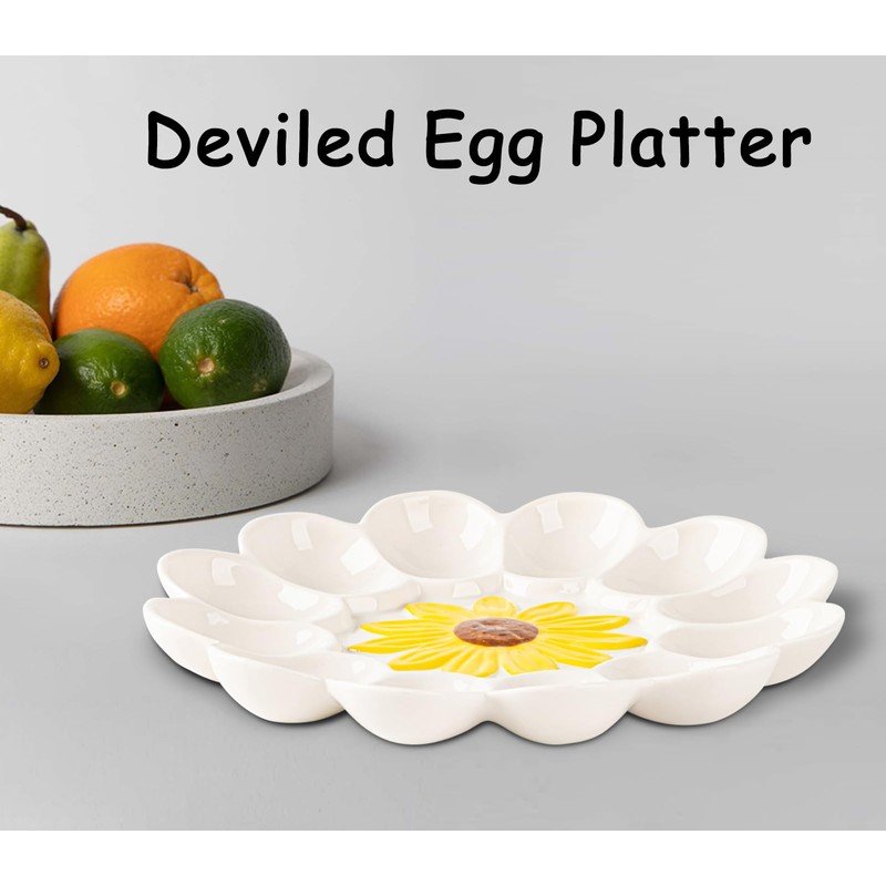 YU&CH Ceramic Sunflower Deviled Egg Tray - White Egg Platter