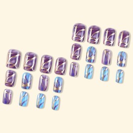 Press on Nails Medium Fake Nails Square Glue on Nails Smudge Acrylic Nails Purple & Blue Full Cover Artficial Nails Gold Lines Stick on Nails for Women 24 Pcs