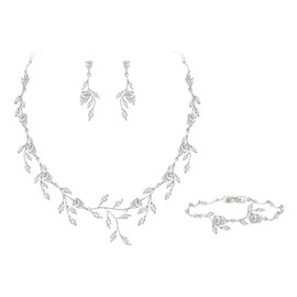 EVER FAITH Wedding Jewellery for Bride Ladies Bridesmaid Cubic Zirconia Pear Shaped Birthstone Leaf Necklace Bracelet Earrings Set for Prom Clear Silver Tone, Cubic Zirconia, Cubic Zirconia