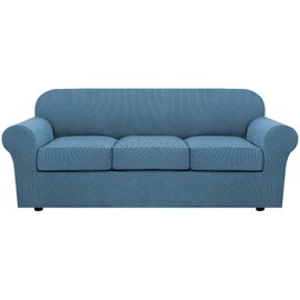 H.VERSAILTEX 4 Piece Stretch Sofa Covers for 3 Cushion Couch Covers for Living Room Furniture Slipcovers (Base Cover Plus 3 Seat Cushion Covers) Upgraded Thicker Jacquard Fabric (Sofa, Dusty Blue)
