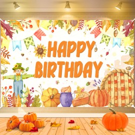Fall Happy Birthday Banner Decorations Large Watercolor Pumpkin Maple Leaves Birthday Banner Backdrop for Harvest Thanksgiving Autumn Birthday Background Photo Booth Props Party Supplies 73 x 44 Inch
