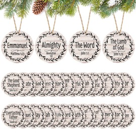 Bucherry 24 Pcs Names of Jesus Christ Christmas Ornament 3.5 in Nativity Round Wooden Hanging Ornaments with Different Names of The Savior Xmas Tree Ornaments for Home Decor (White with Black, Retro)