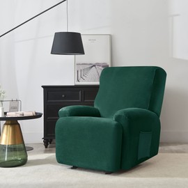 CONRUSER Recliner Chair Covers, 4-Piece Velvet Stretch Recliner Slipcover Single Seat Couch Cover Soft Furniture Protector with Pocket (Dark Green)