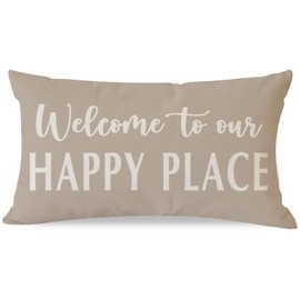 HERHOME Decorative Throw Pillow Cover 12x20 Inch Welcome to Our Happy Place Beige Outdoor Farmhouse Front Porch Patio Decor Neutral Lumbar Cushion Case Decoration for Home Living Room Sofa Couch