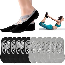 6 Pares Calcetines de Yoga, Calcetines Yoga Antideslizantes para Mujer, Calcetines Danza para Mujer, Adecuados para Yoga, Pilates, Ballet, Deportes de Interior, Danza (Negro + Gris)