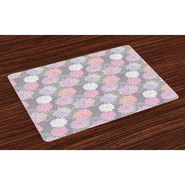 ABAKUHAUS Pink and Grey Place Mats, Blossom Bouquet Botanical Leaves Shabby Chic Essence Chrysanthemum, Tiscjdeco Made of Colourfast Fabric for Dining Room and Kitchen, Lilac Pink