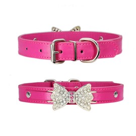FUNAT Dog Collar Pet Dog Leash, Rhinestone Heart Dog Collar, PU simple Collar Adjustable for Cat and Dog