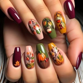 Fall Leaf Press on Nails Thanksgiving Pumpkin False Nails with Design Medium Square Artificial Stick on Nail Glossy Autumn Maple Leaves Acrylic Glue on Nail for Women