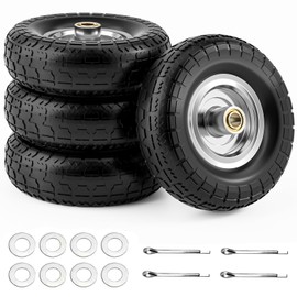 4.10/3.50-4 Flat Free Tire and Wheel, 4 Pack 10" Solid PU Heavy Duty Tires with 300LB Load Capacity, 5/8" Axle Bore Hole & 2.2" Offset Hub for Wagon Dolly Garden Cart Wheelbarrow Parts