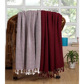 Cozy Home Collection Luxurious Hand Woven Cozy Warm 100% Cotton All Season Light Weight Couch Chair Bed Decorative Throw Blankets Chevron 50x60 Inch Set of 2 (Burgundy)