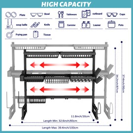 ADBIU Over The Sink Dish Drying Rack (Expandable Height and Length) Snap-On Design 2 Tier Large Dish Rack 31-39.4L x 12W x 34-38H inches