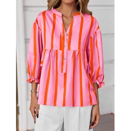 Tankaneo Womens Puff Sleeve Babydoll Tops Summer V Neck Striped Blouse Cute Casual Loose Fit Flowy Shirts Pink