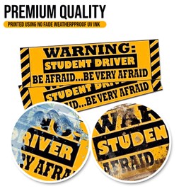 Zone Tech Student Driver Magnetic Sticker - Warning Student Driver be Very Afraid 3 Pcs Funny Sticker Premium Quality Car Safety Vehicle New Driver Yellow Reflective Sign