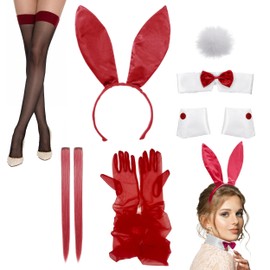 JIEYUMAO 8Pcs Bunny Costume Set, Red Bunny Ear Headband Collar Bow Tie Cuffs Tail Long Gloves Fishnet Stockings for Easter