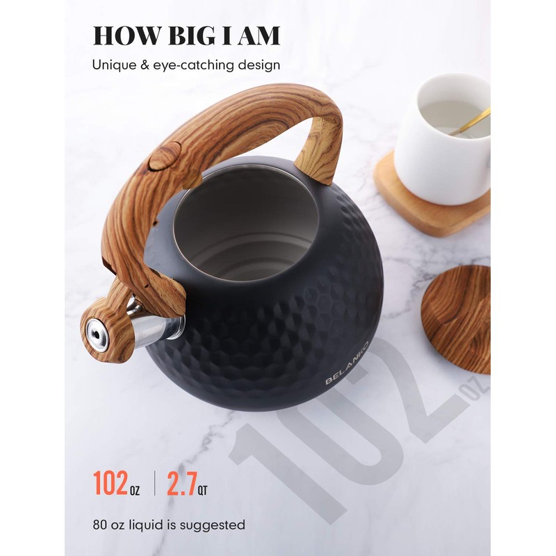 Tea Kettle, 3 Liter BELANKO Teapot Whistling Kettle with Wood