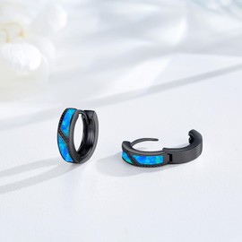 Suiknsn Blue Opal Hoop Earrings for Men Women 925 Sterling Silver Black 15mm Huggie Earrings Blue Opal Jewelry Birthday Christmas Gifts for Friends, Small, Sterling Silver