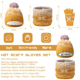 Waylipun Kids Winter Hat Scarf Gloves Set, 3 in 1 Thermal Knit Hat Scarf Gloves Set with Double Layer Fleece Lining, Snow Pattern Cold Weather Set for Kids Boys Girls 2-7 Years (Yellow)