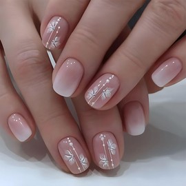 Xenophoer Press on Nails Short Square Ombre Acrylic Nails,Short Fake Nails Glue on, Light Pink Nails Press ons,White Floral False Nails Press on,Stick on Nails for Women and Girls 24Pcs