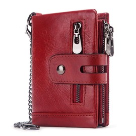 REETEE Ladies Leather Purse RFID Blocking Women's Wallet Multiple Compartment Zipper Coin Purse and 16 Card Slots Bifold Leather Lady Wallet with Chain,Small Womens Purses Leather (red)