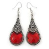 Marcasite Hematite Crystal, Red Glass, Filigree Teardrop Earrings - 53mm