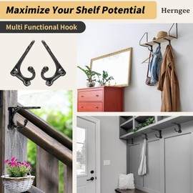 Cast Iron Shelf Brackets 4 Inch, 4 Pack Rustic Shelf Brackets with Hooks Black，Heavy Duty Floating Shelf Brackets Wall Mounted, Decorative Brackets for Wood Shelves